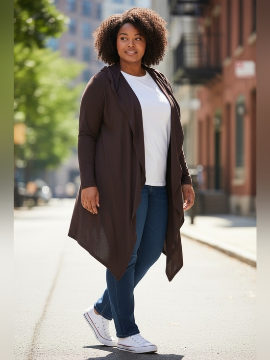 Other - Draped Open-Front Hooded Cardigan in Dark Brown
